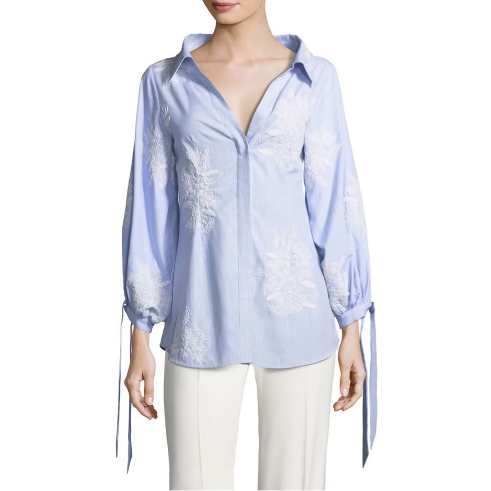 Alice + Olivia Toro Button-Front Pinstriped Shirt with Embroidery/ Size Large